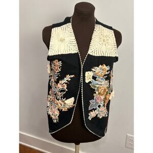 HG NY Women’s Cotton Y2K 90s Black Crochet Open Vest Size M Boho Indie Eclectic